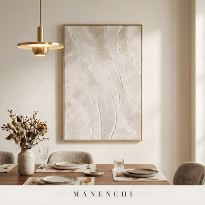 Ivory Tectonic Relief abstract painting displayed in dining room table setting