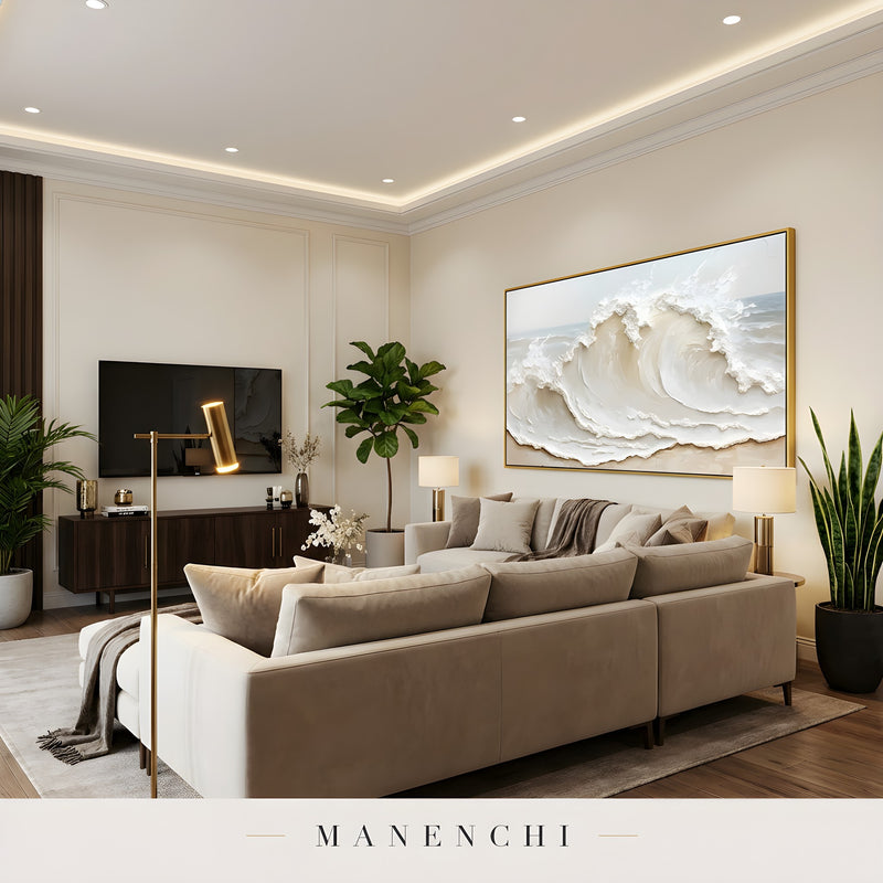 Ivory Tidal Majesty abstract painting displayed in large living room space