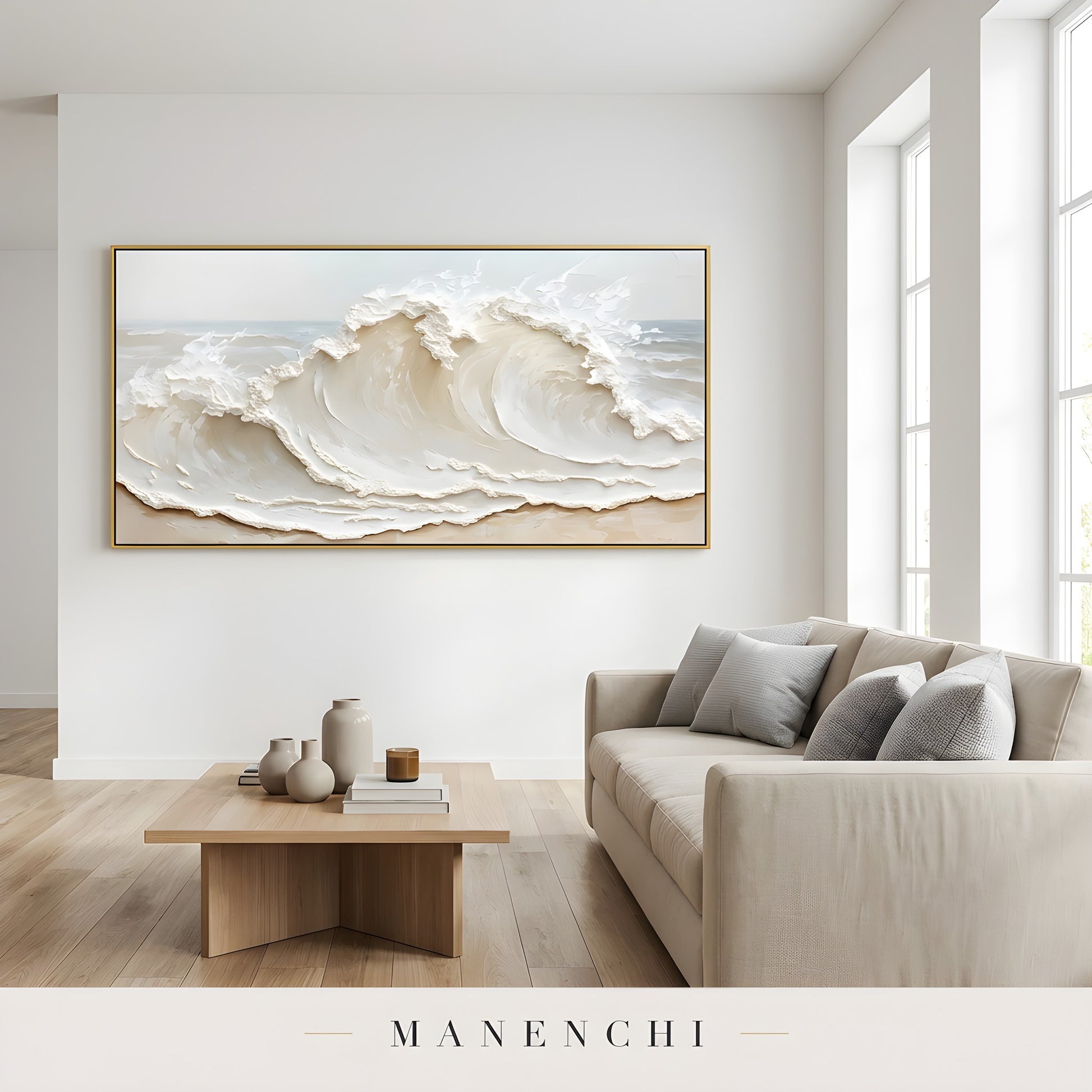 Ivory Tidal Majesty abstract painting displayed in living room sofa view
