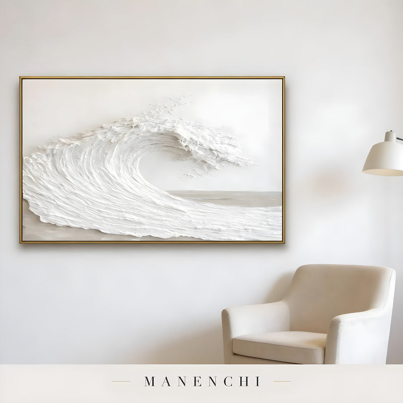Ivory Tidal Sculpture abstract painting displayed in armchair living room