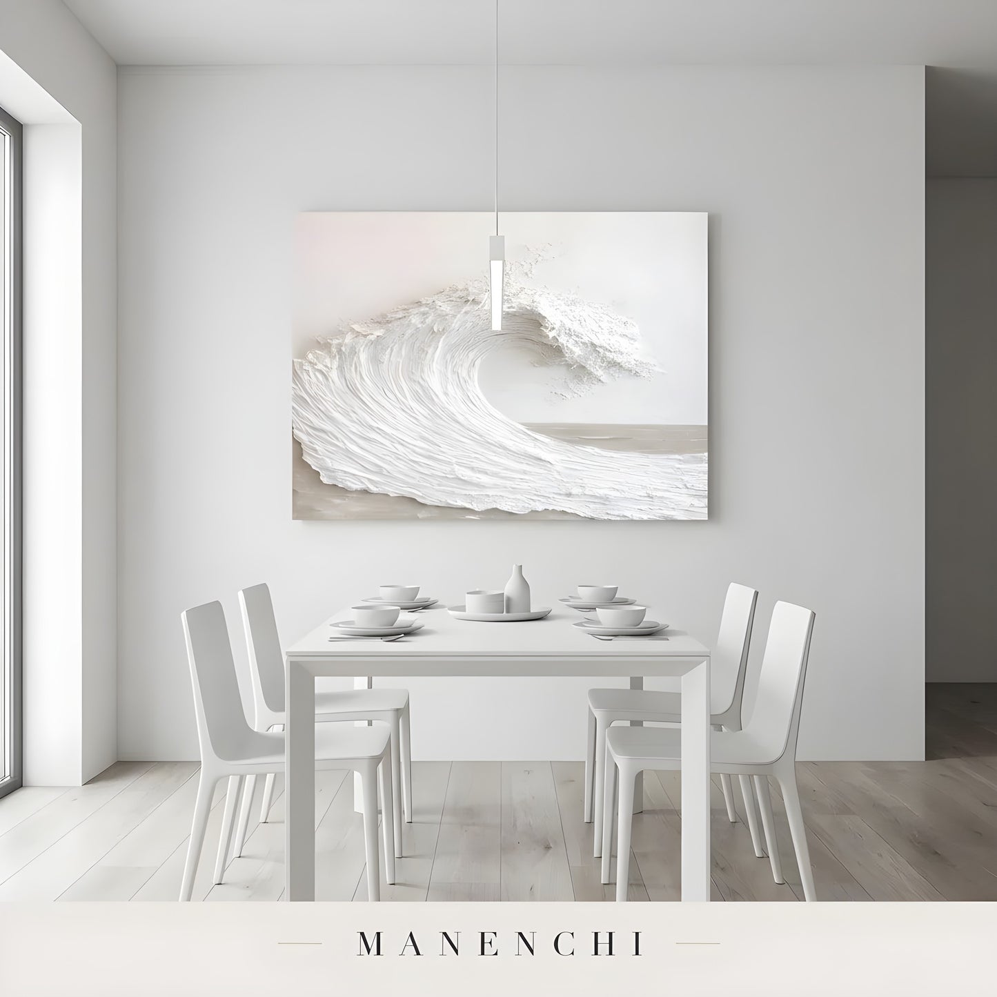 Ivory Tidal Sculpture abstract painting displayed in dining room interior