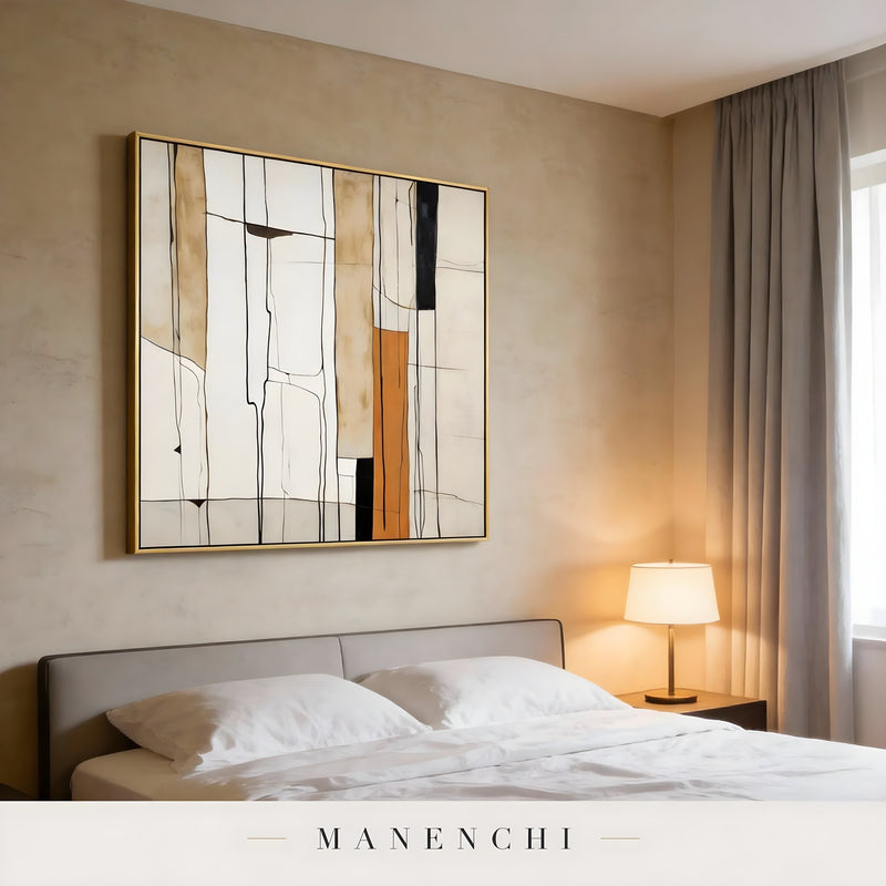 Linear Terra Structure abstract painting displayed in elegant bedroom decor