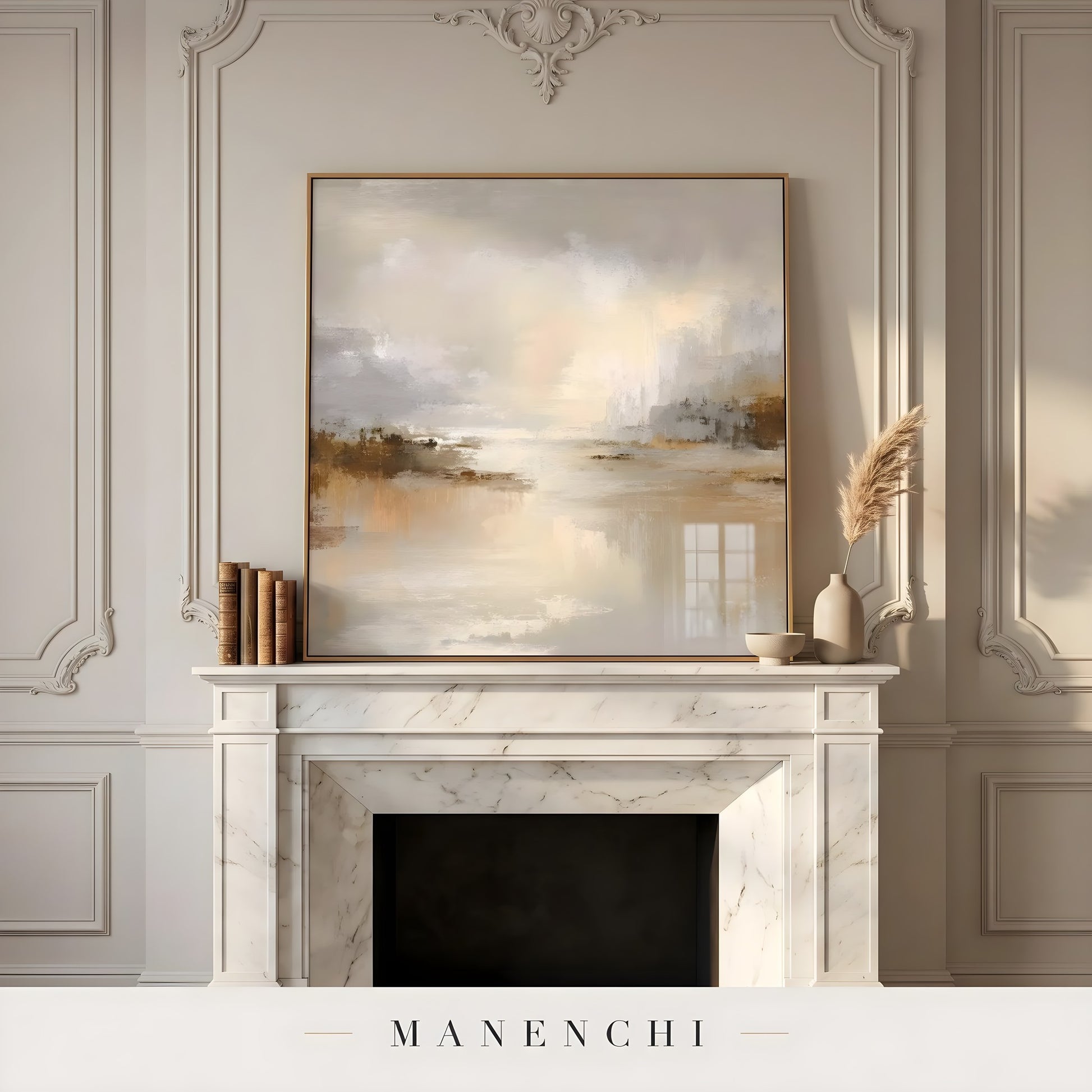 Luminous Desert Solstice abstract painting displayed in fireplace mantel decor