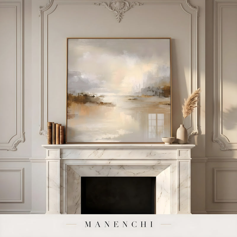 Luminous Desert Solstice abstract painting displayed in fireplace mantel decor