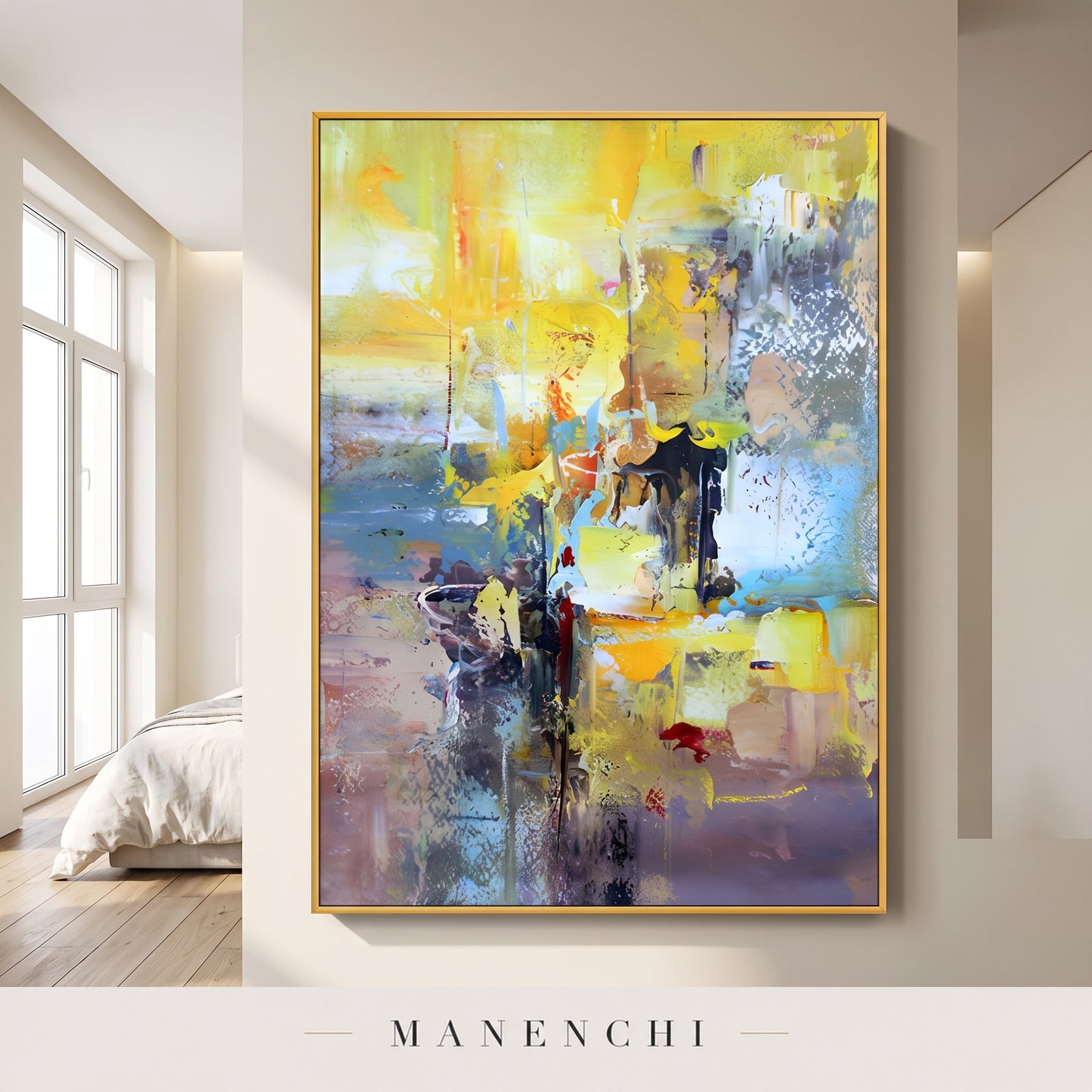 Luminous Horizon abstract painting displayed in a modern bedroom