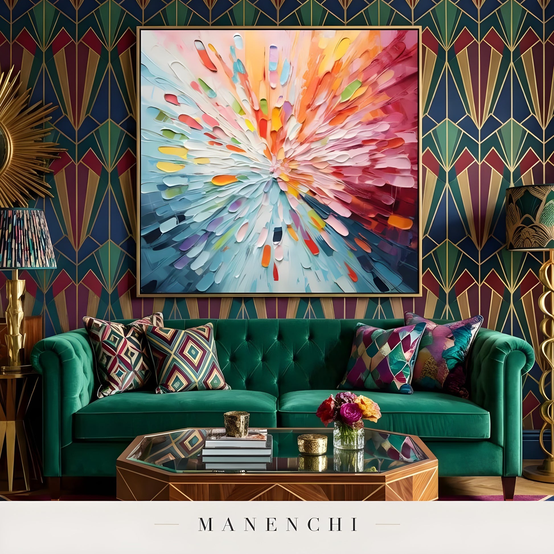 Luminous Kinetic Burst abstract painting displayed in living room green sofa