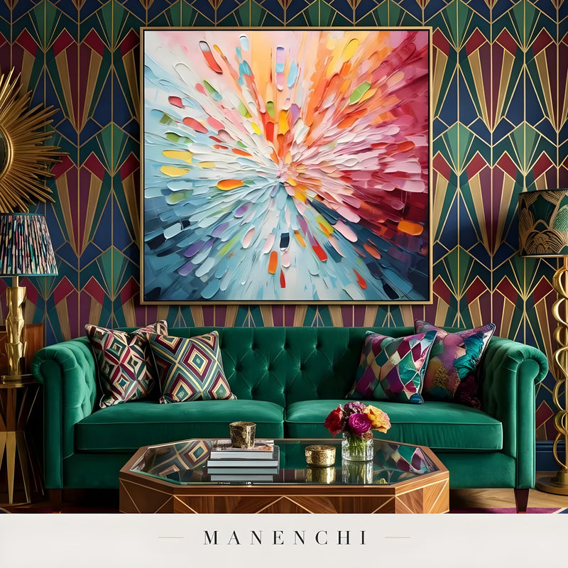 Luminous Kinetic Burst abstract painting displayed in living room green sofa