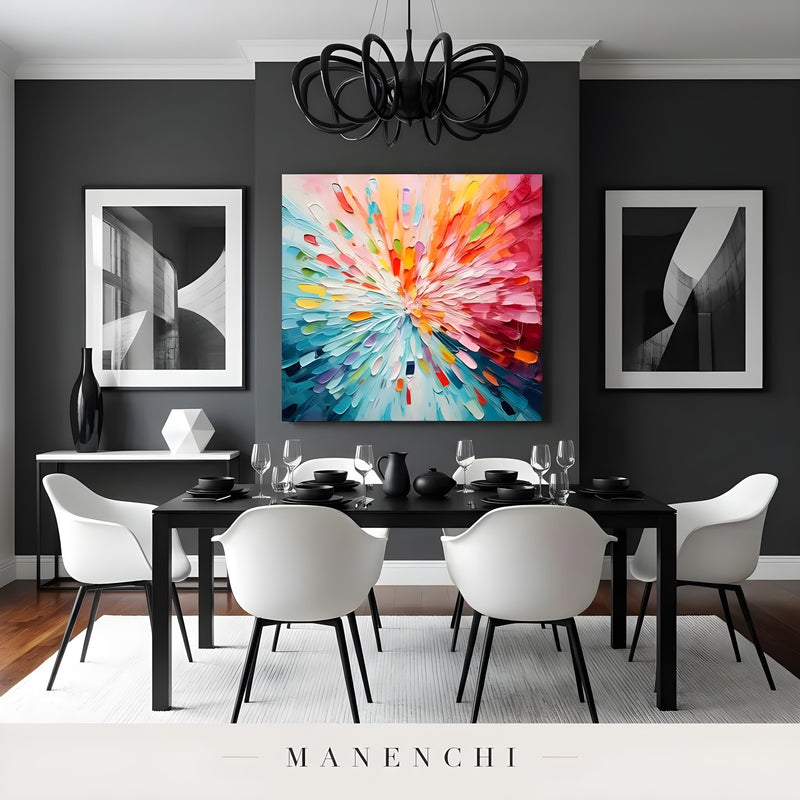 Luminous Kinetic Burst abstract painting displayed in modern dining room