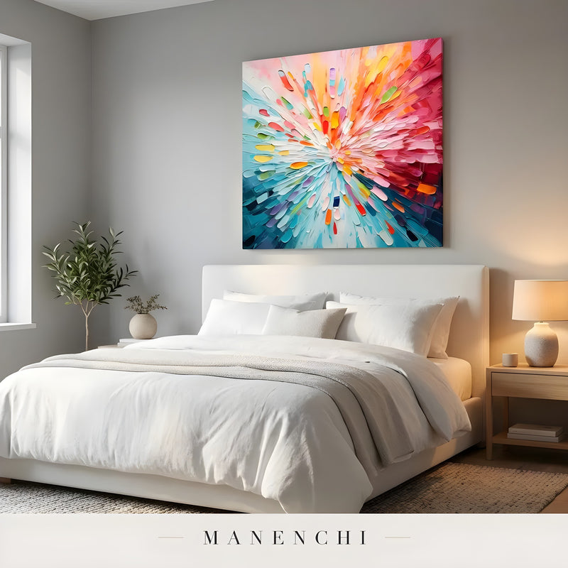 Luminous Kinetic Burst abstract painting displayed in neutral modern bedroom