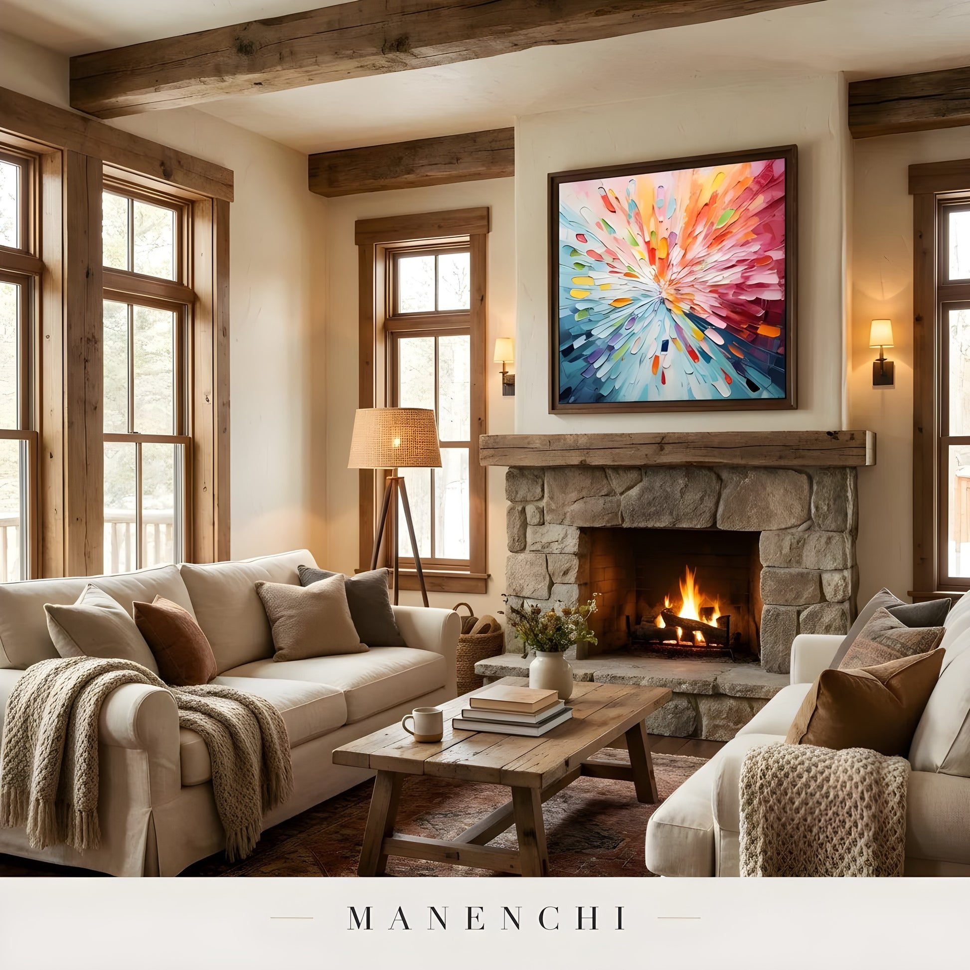 Luminous Kinetic Burst abstract painting displayed in rustic living room fireplace