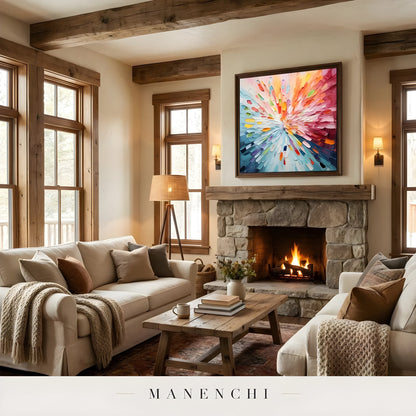 Luminous Kinetic Burst abstract painting displayed in rustic living room fireplace