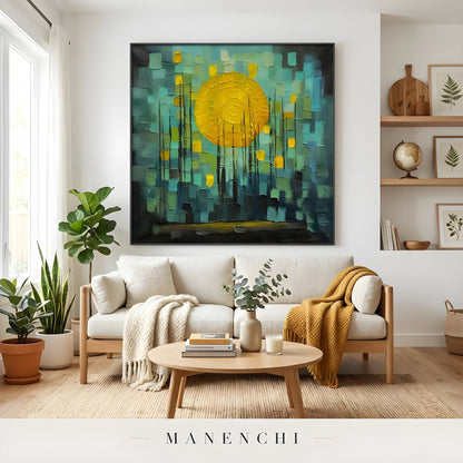 Luminous Nocturnal Orb abstract painting displayed in bright living room