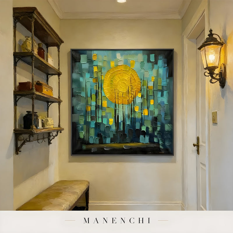 Luminous Nocturnal Orb abstract painting displayed in cozy entryway hallway