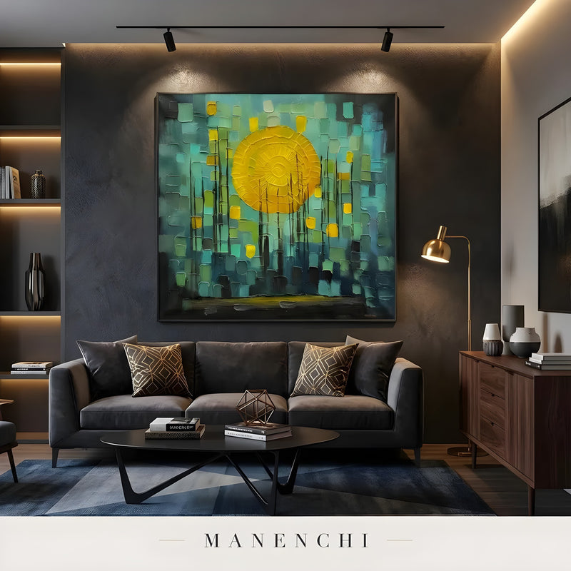 Luminous Nocturnal Orb abstract painting displayed in modern dark living room