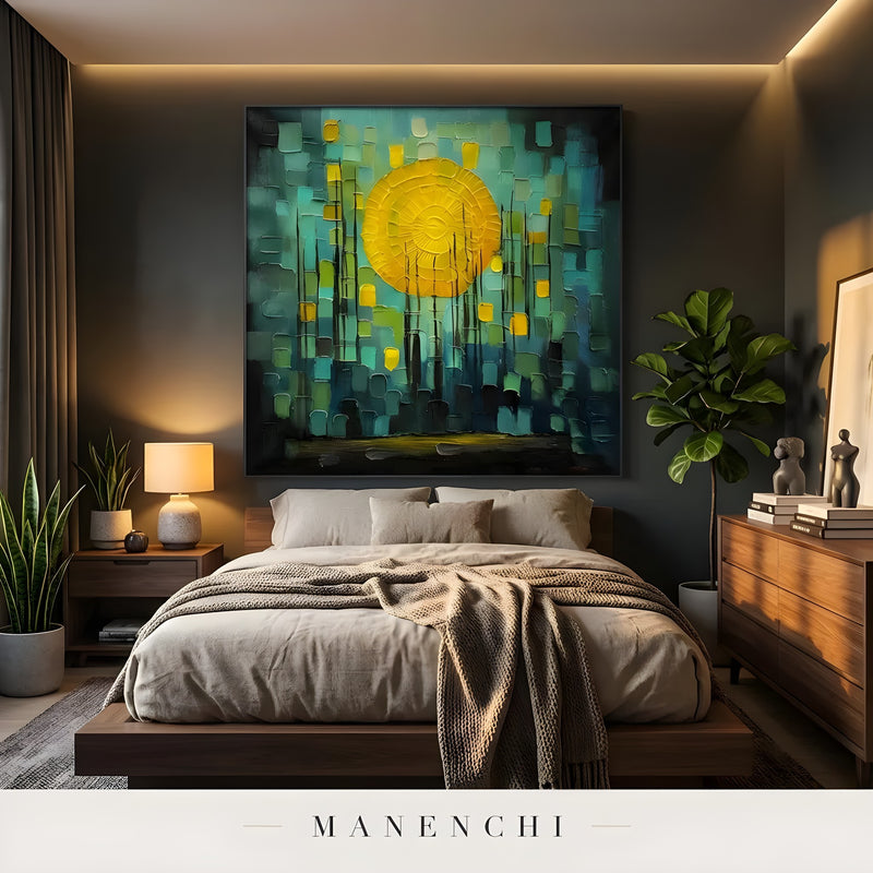 Luminous Nocturnal Orb abstract painting displayed in moody bedroom interior