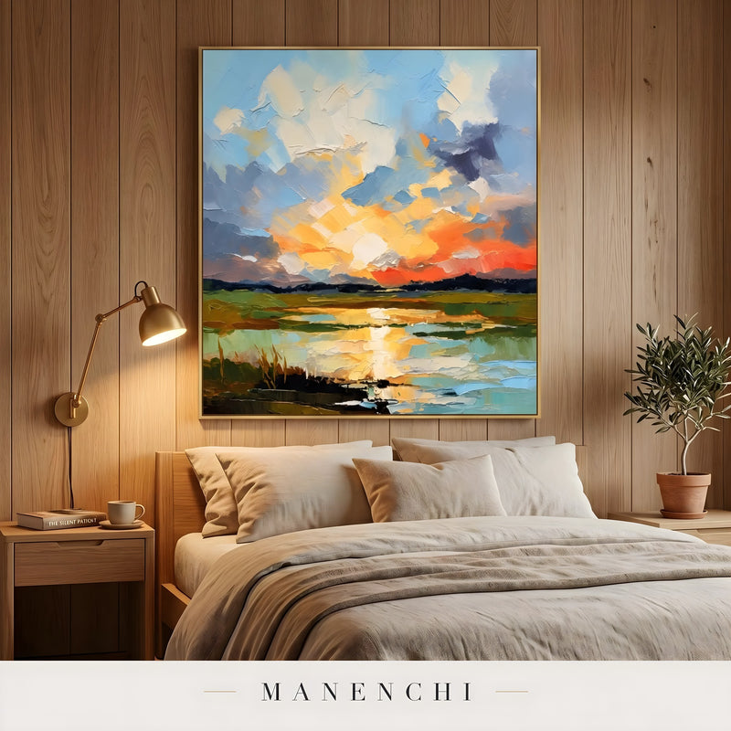 Luminous Solstice Skies abstract painting displayed in bedroom cozy modern art