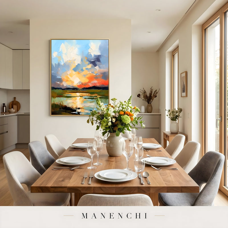 Luminous Solstice Skies abstract painting displayed in dining room elegant setting