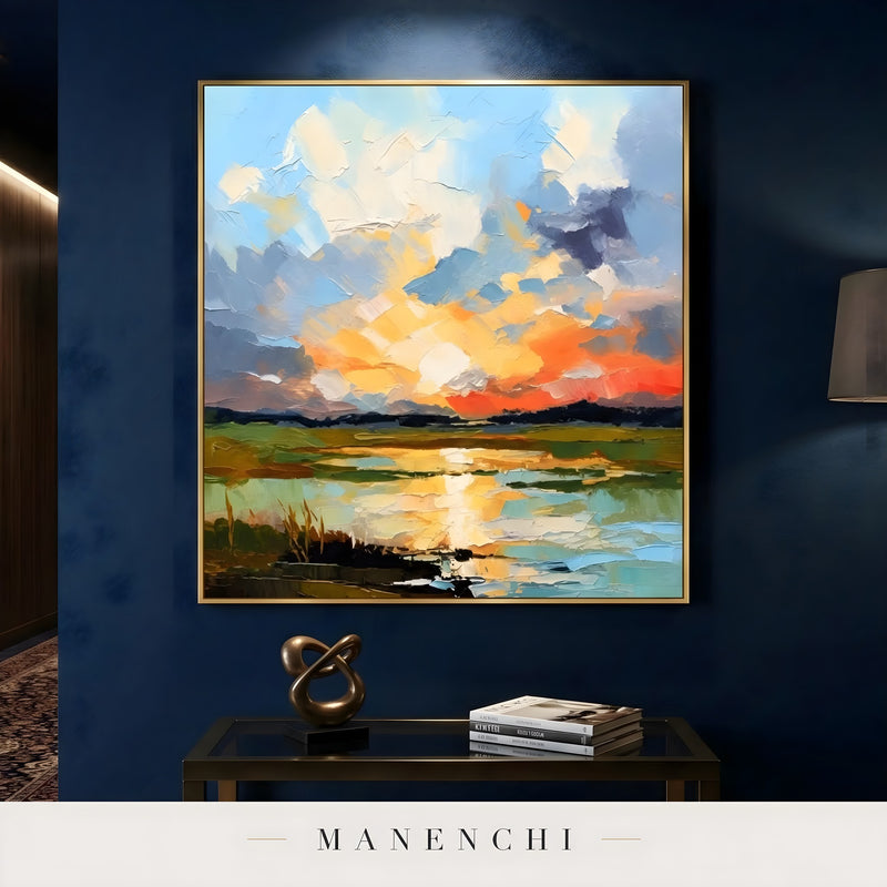 Luminous Solstice Skies abstract painting displayed in entryway modern art