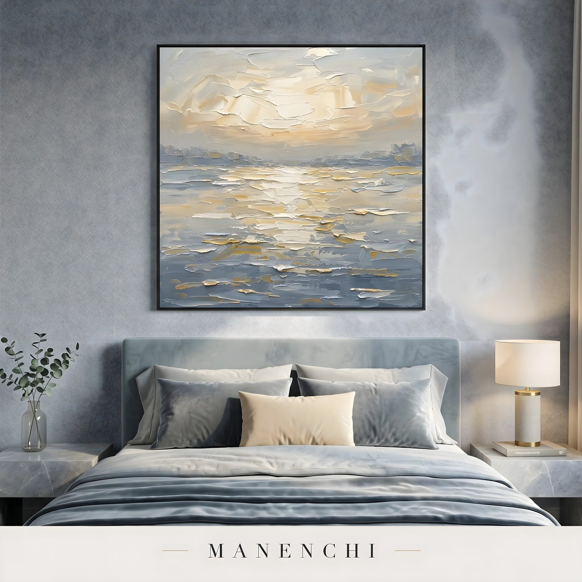 Luminous Tidal Solstice abstract painting displayed in bedroom interior decor
