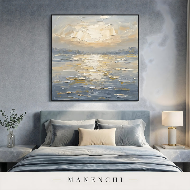 Luminous Tidal Solstice abstract painting displayed in bedroom interior decor