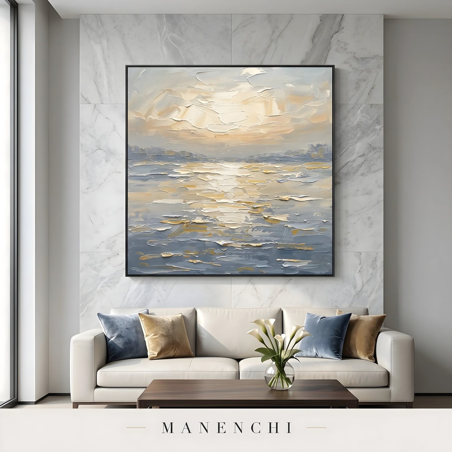 Luminous Tidal Solstice abstract painting displayed in living room sofa display