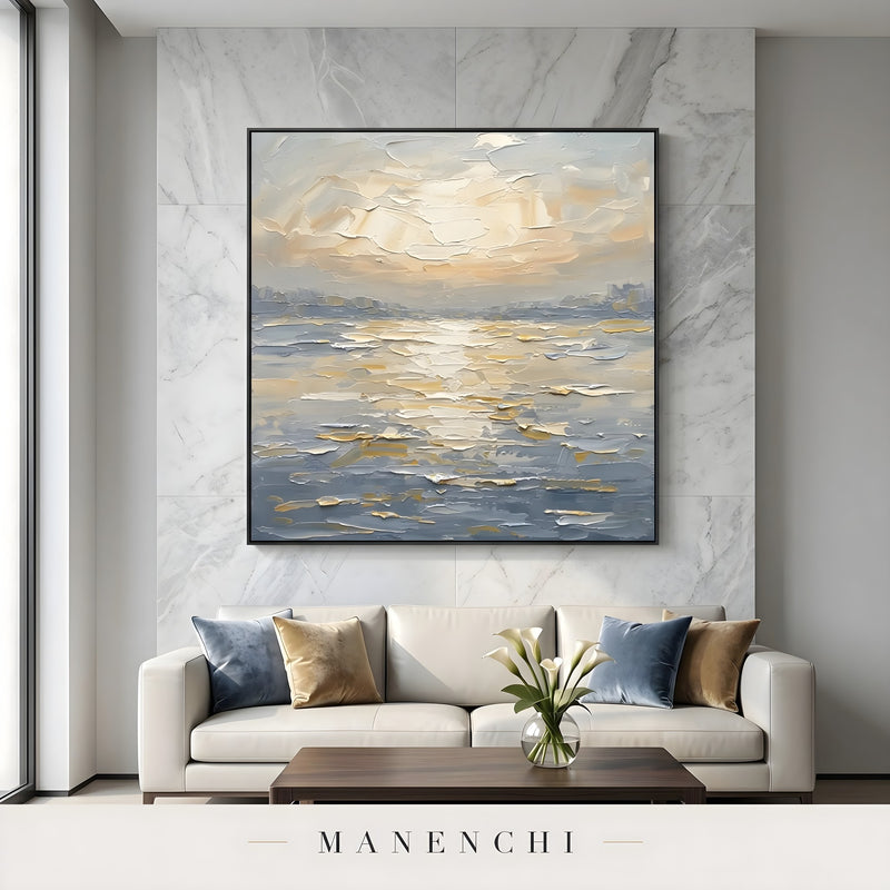 Luminous Tidal Solstice abstract painting displayed in living room sofa display