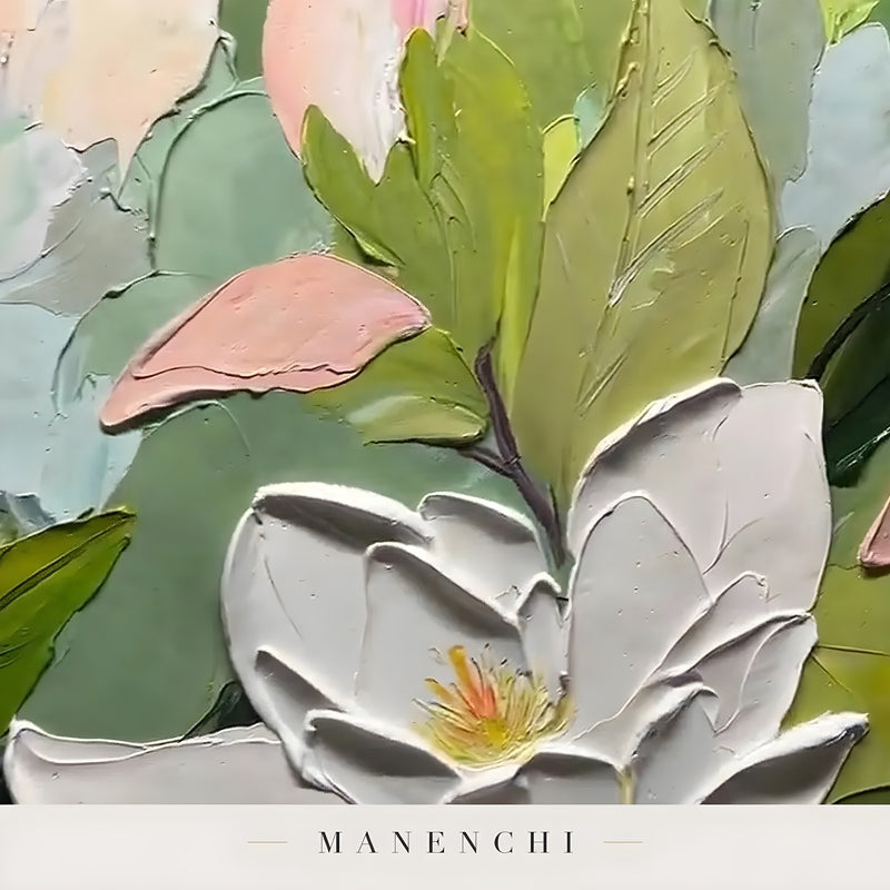 Close-up detail of the textured brushwork in Magnolia Orchard Radiance