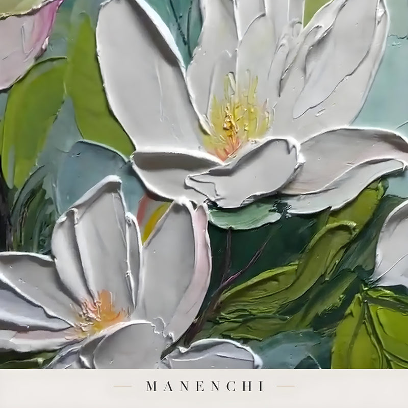 Close-up detail of the textured brushwork in Magnolia Orchard Radiance