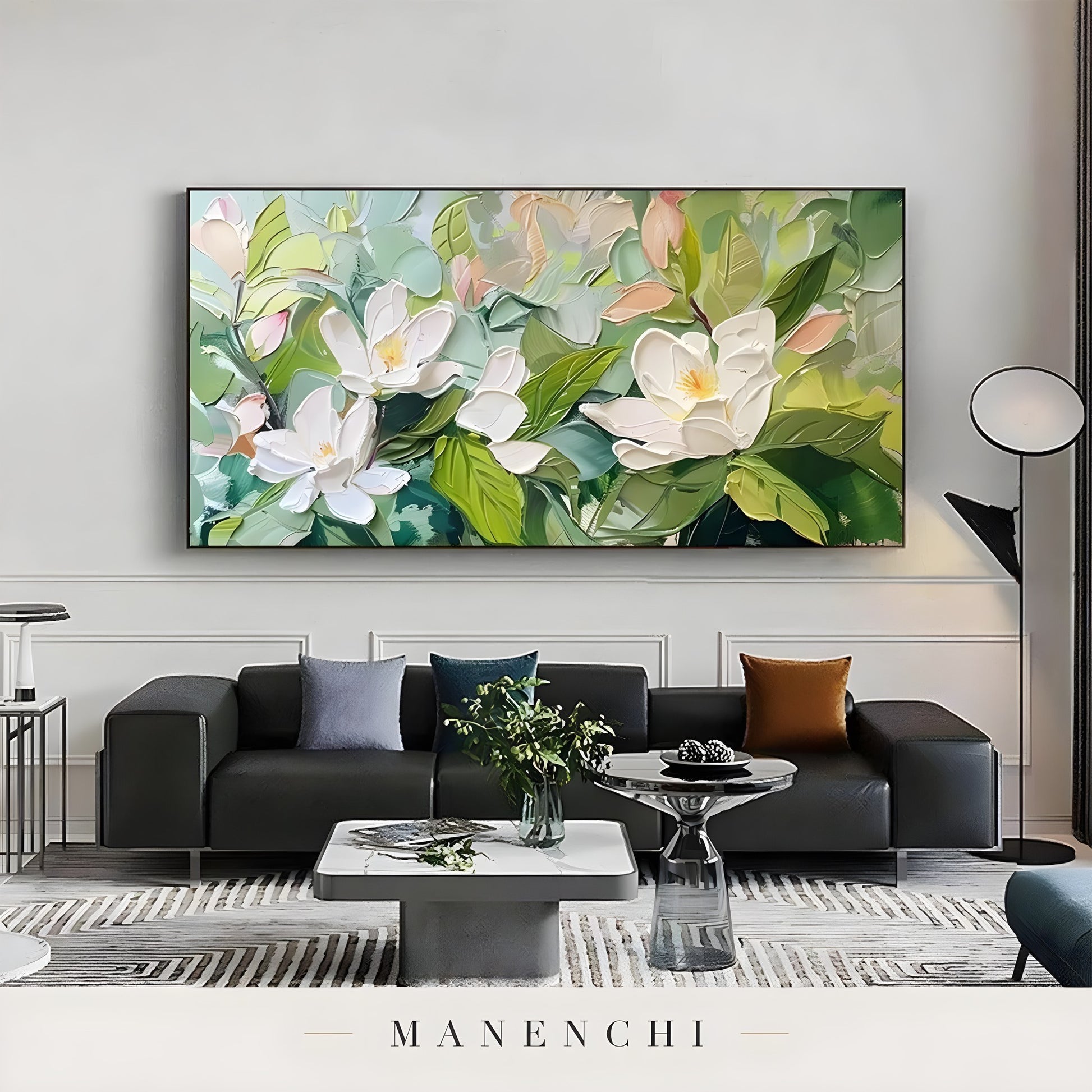 Magnolia Orchard Radiance abstract painting displayed in contemporary black sofa