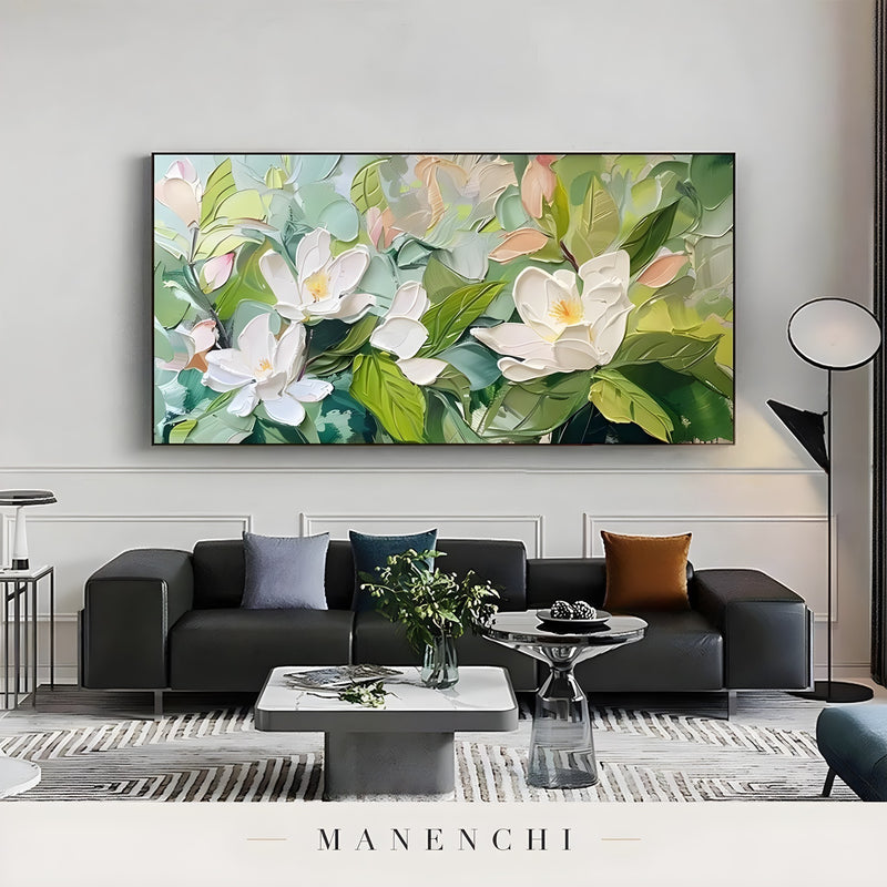 Magnolia Orchard Radiance abstract painting displayed in contemporary black sofa