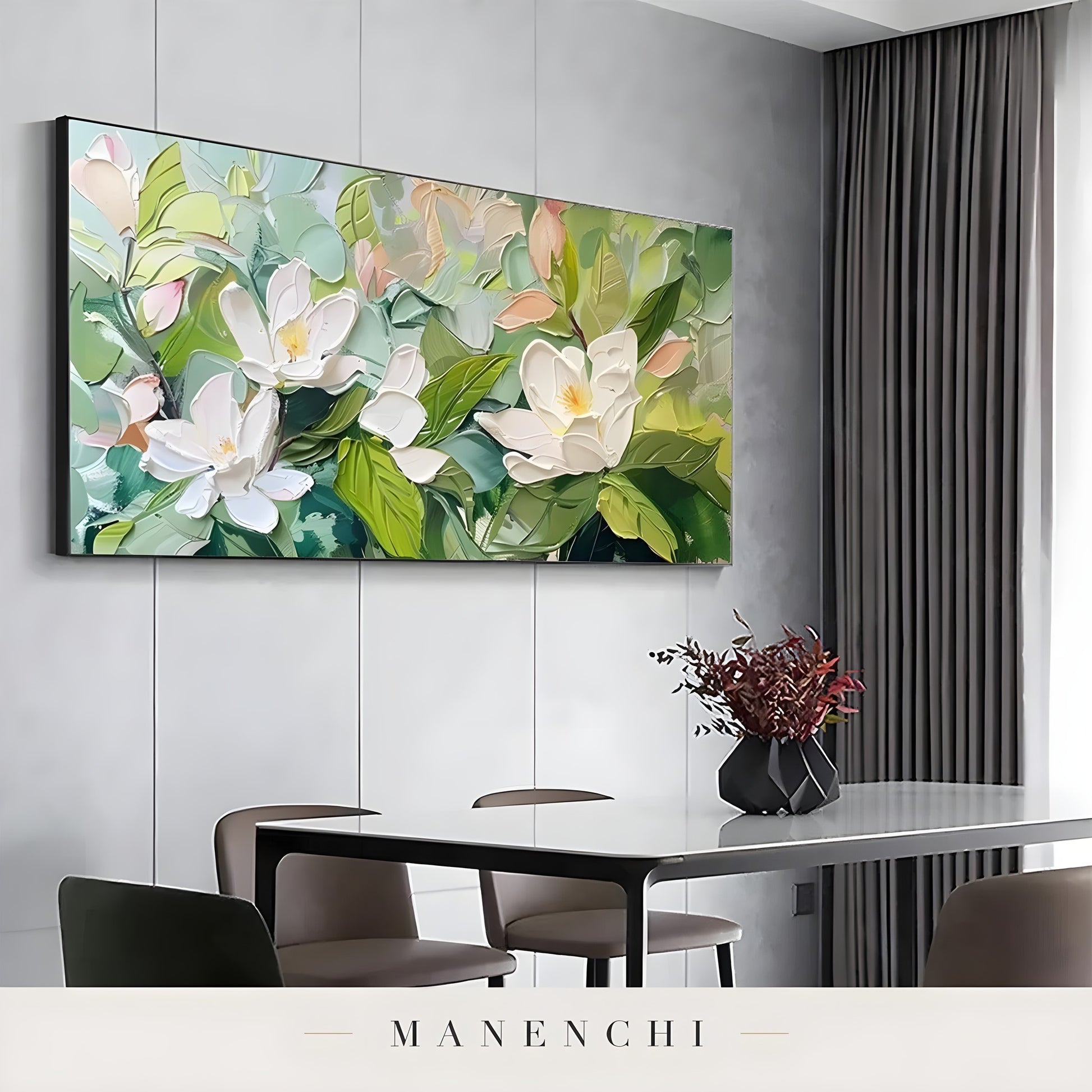Magnolia Orchard Radiance abstract painting displayed in dining room interior
