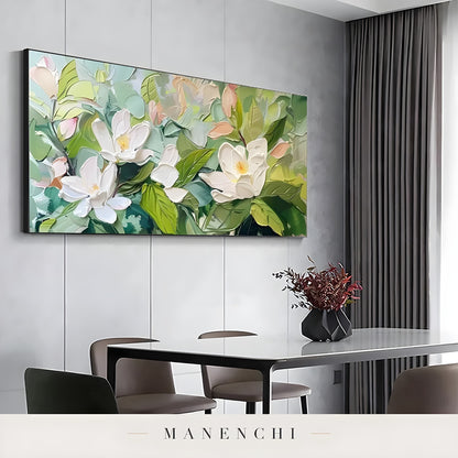 Magnolia Orchard Radiance abstract painting displayed in dining room interior