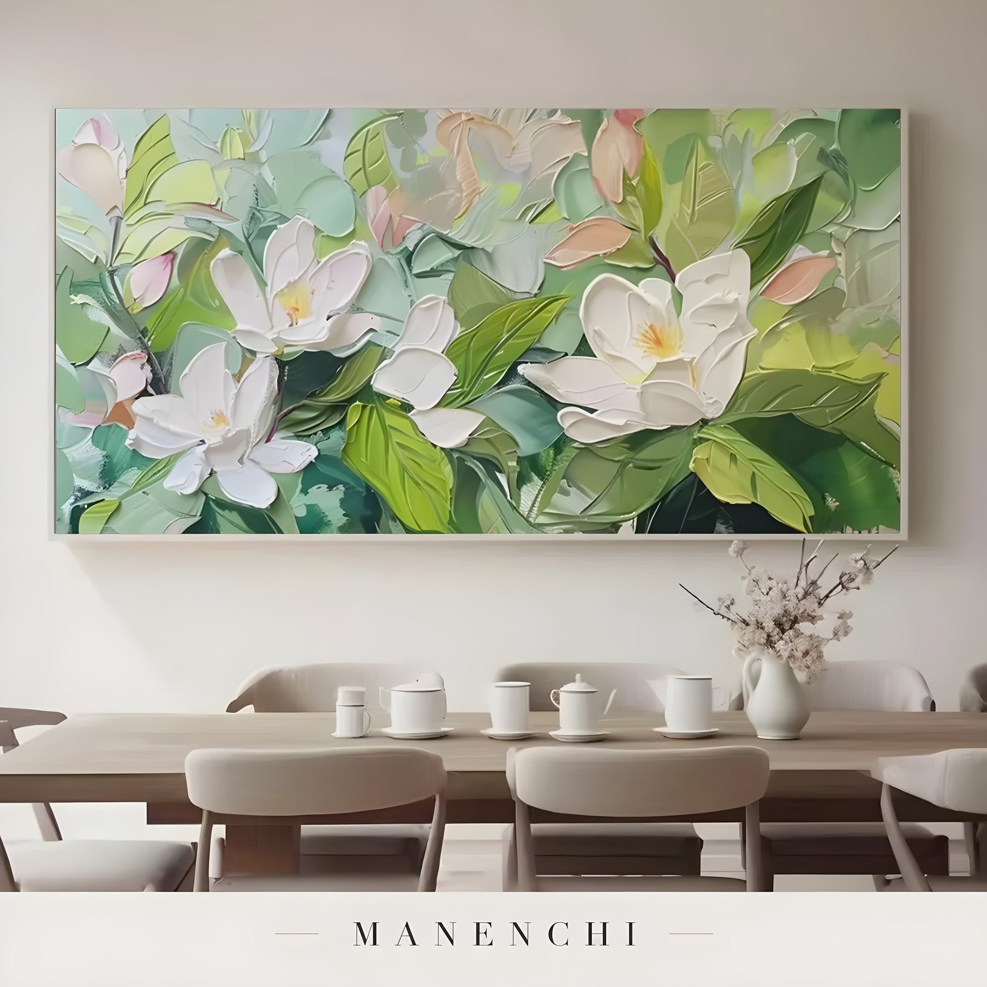 Magnolia Orchard Radiance abstract painting displayed in dining room setting