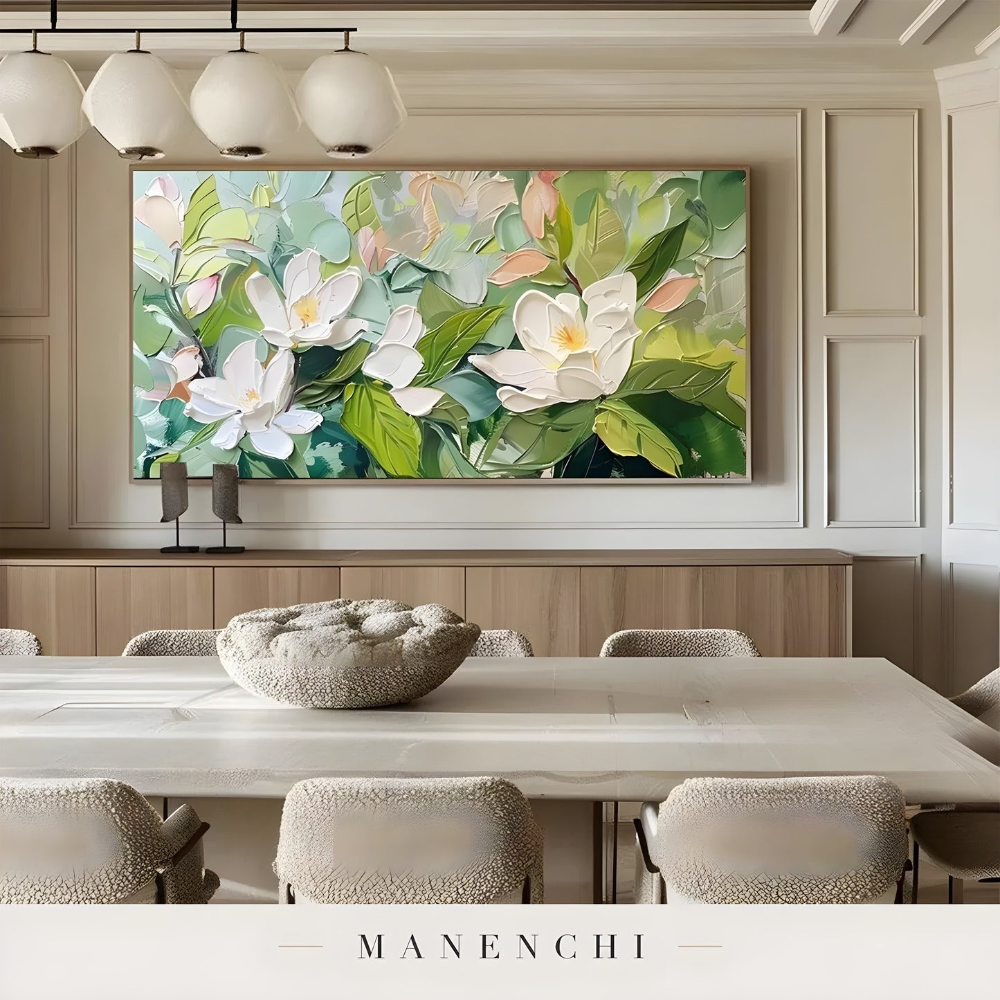 Magnolia Orchard Radiance abstract painting displayed in elegant dining room