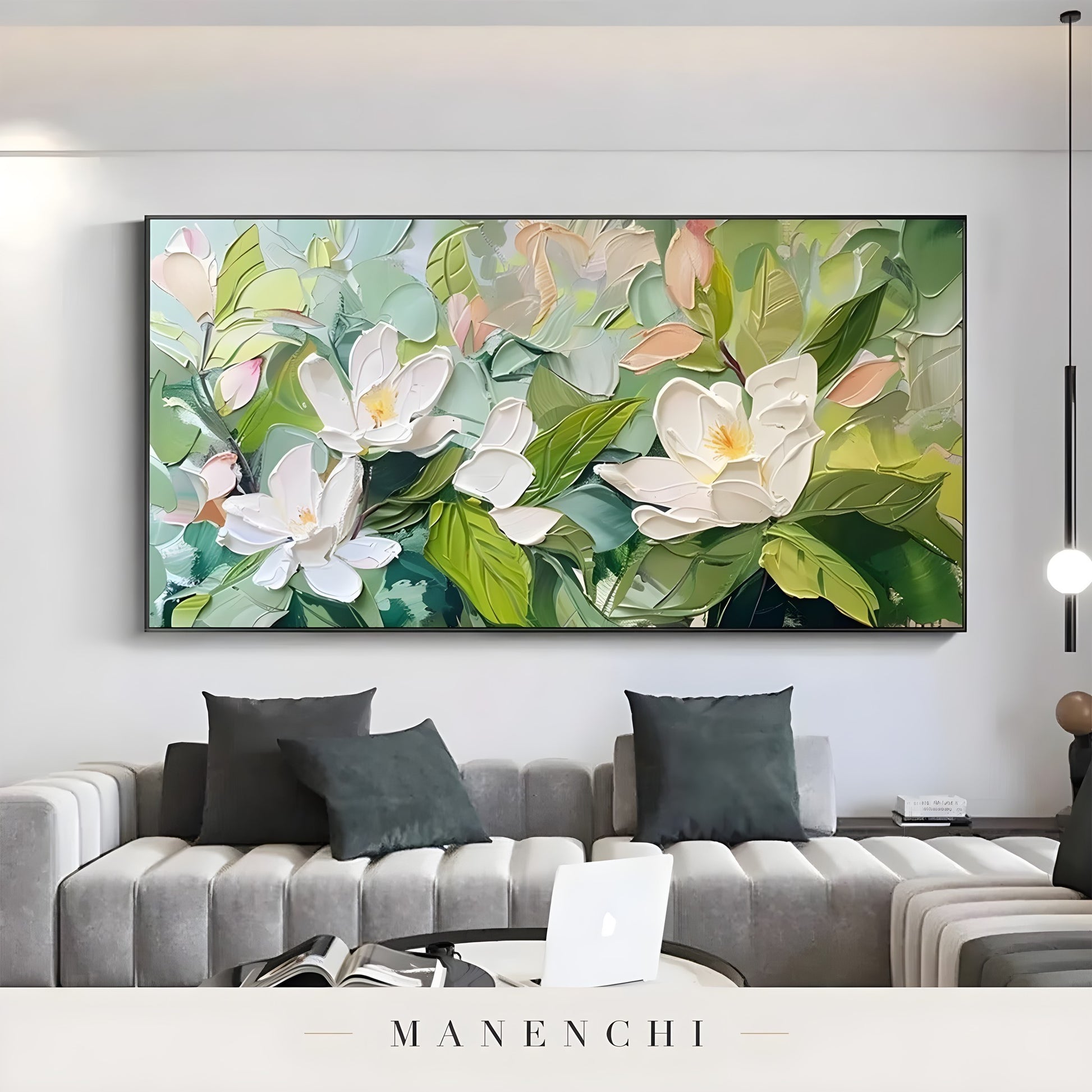 Magnolia Orchard Radiance abstract painting displayed in living room sofa