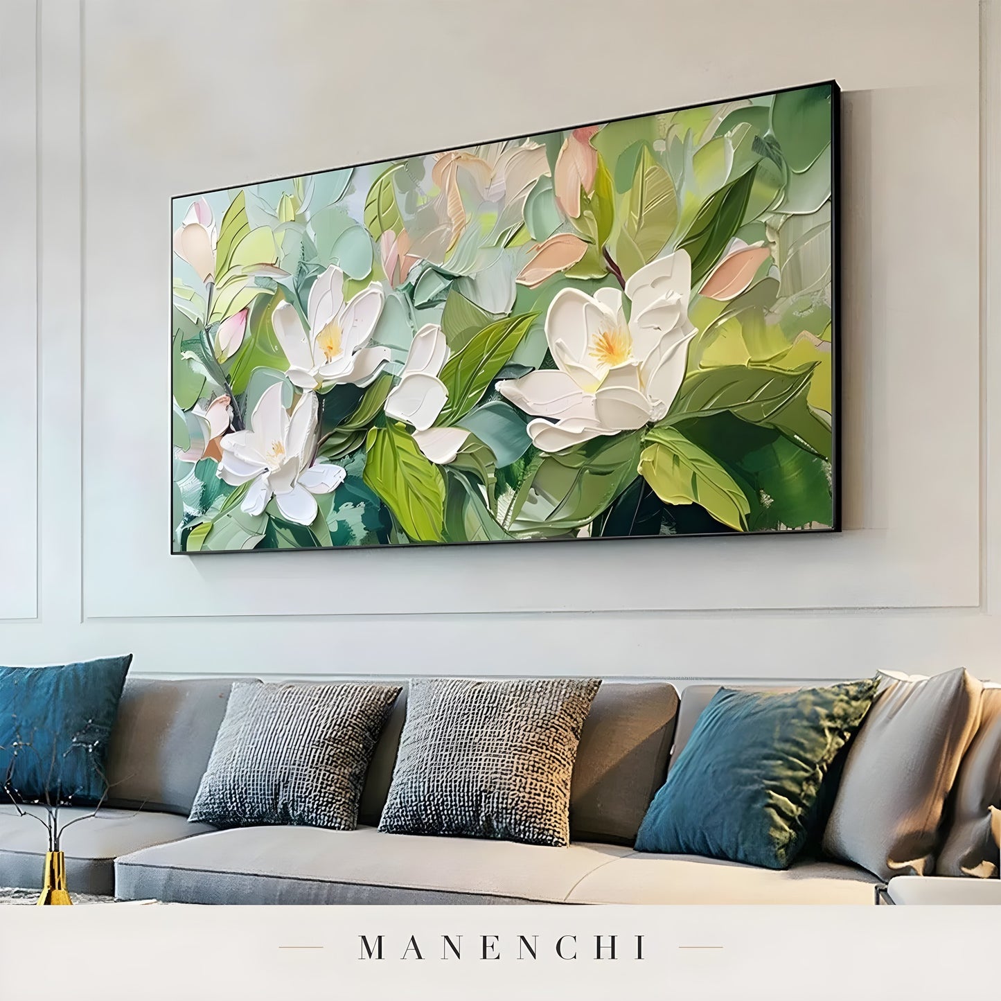Magnolia Orchard Radiance abstract painting displayed in modern living room