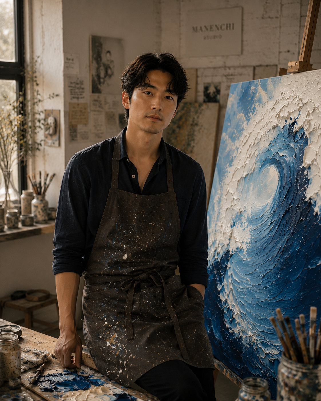 Wide view of Beom-seok at work in the Manenchi studio. working in the Manenchi studio.