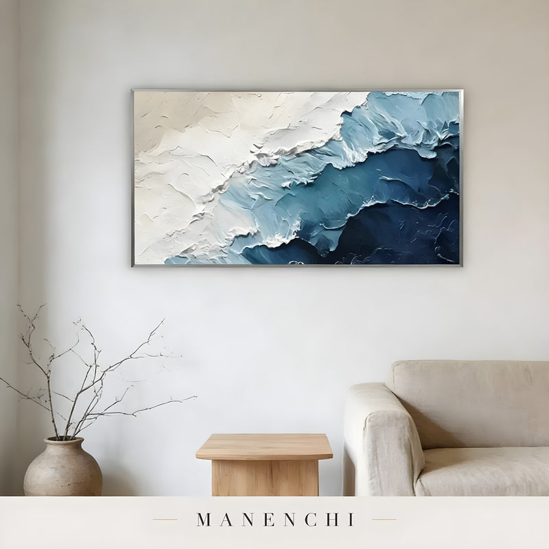 Marine Crest Abstraction abstract painting displayed in minimalist sofa setup
