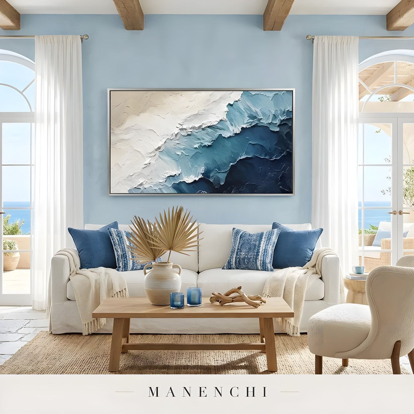 Marine Crest Abstraction abstract painting displayed in sunlit lounge