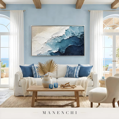 Marine Crest Abstraction abstract painting displayed in sunlit lounge
