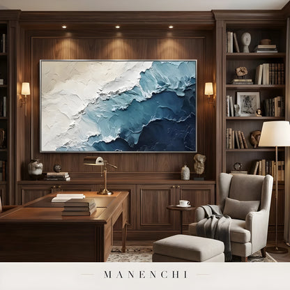 Marine Crest Abstraction abstract painting displayed in wood paneled study