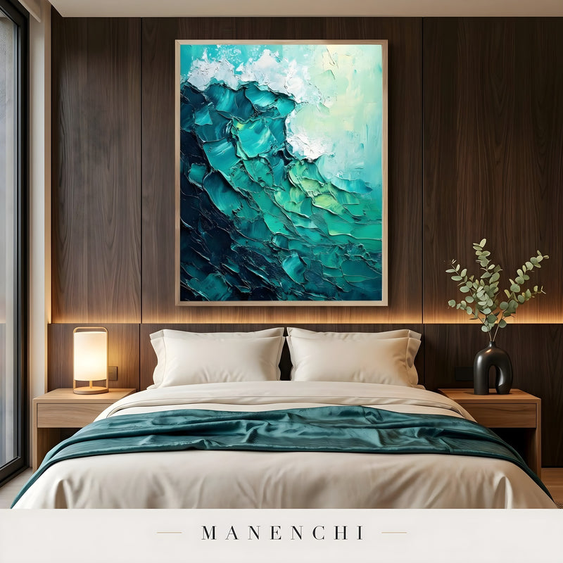 Marine Kinetic Crest abstract painting displayed in bedroom wall art