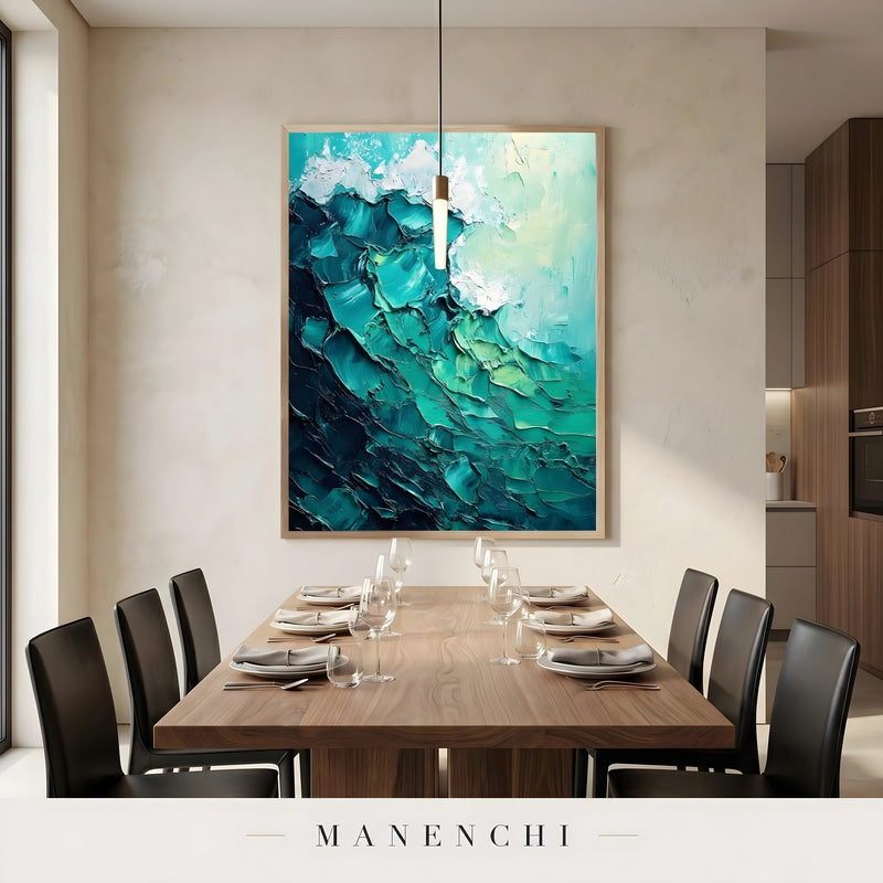 Marine Kinetic Crest abstract painting displayed in dining room interior