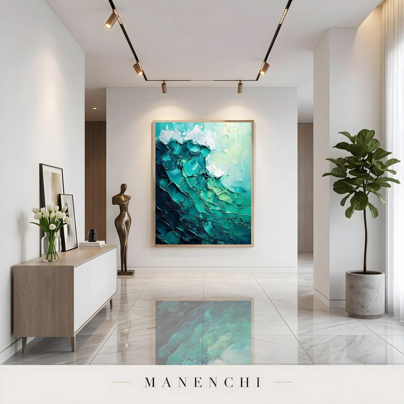 Marine Kinetic Crest abstract painting displayed in modern hallway decor