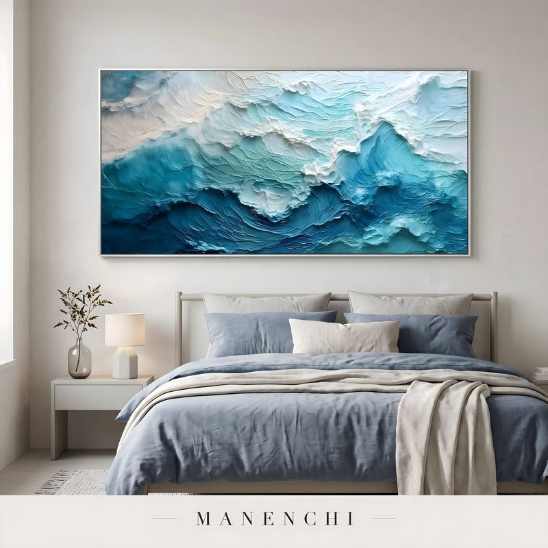 Marine Kinetic Swell abstract painting displayed in bedroom interior design