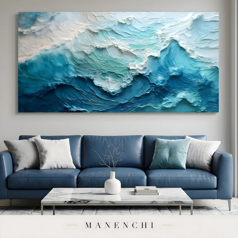 Marine Kinetic Swell abstract painting displayed in living room sofa