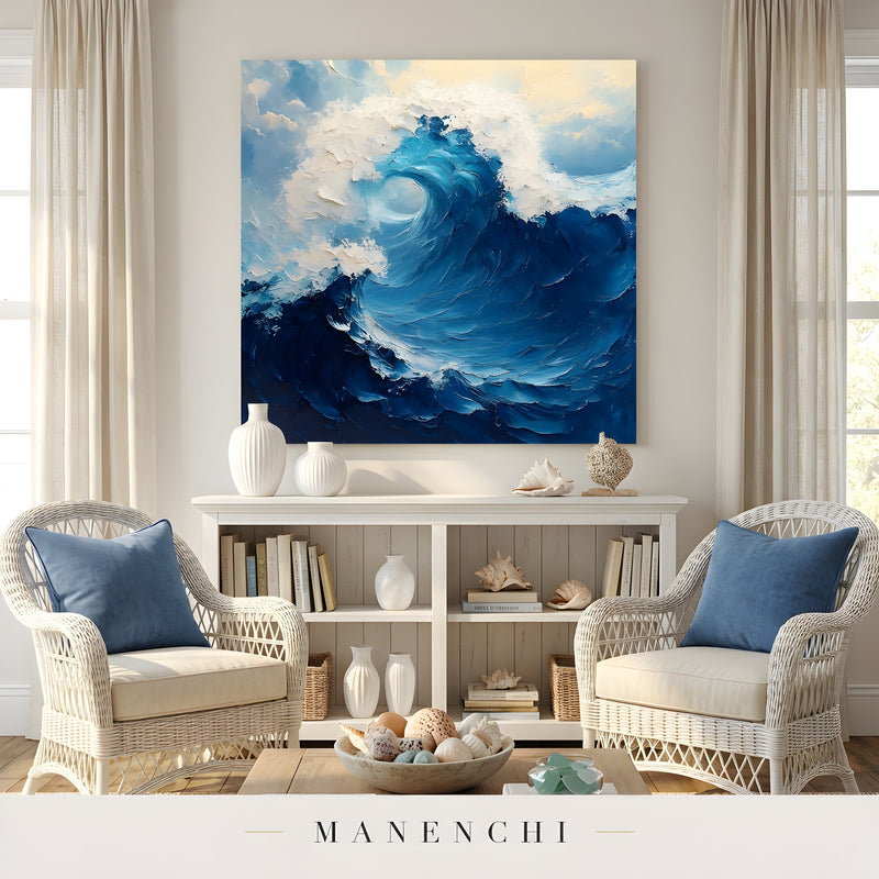 Marine Kinetic Turbulence abstract painting displayed in coastal living room