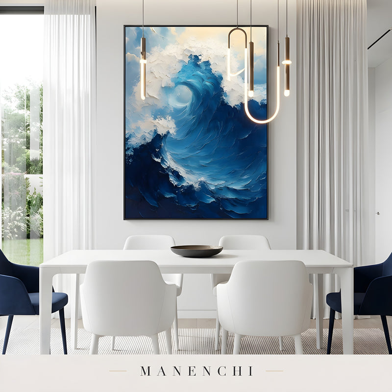 Marine Kinetic Turbulence abstract painting displayed in dining room