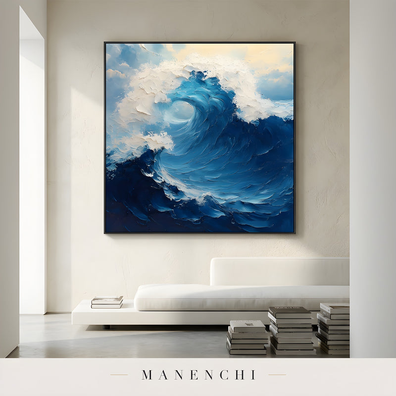 Marine Kinetic Turbulence abstract painting displayed in modern living room