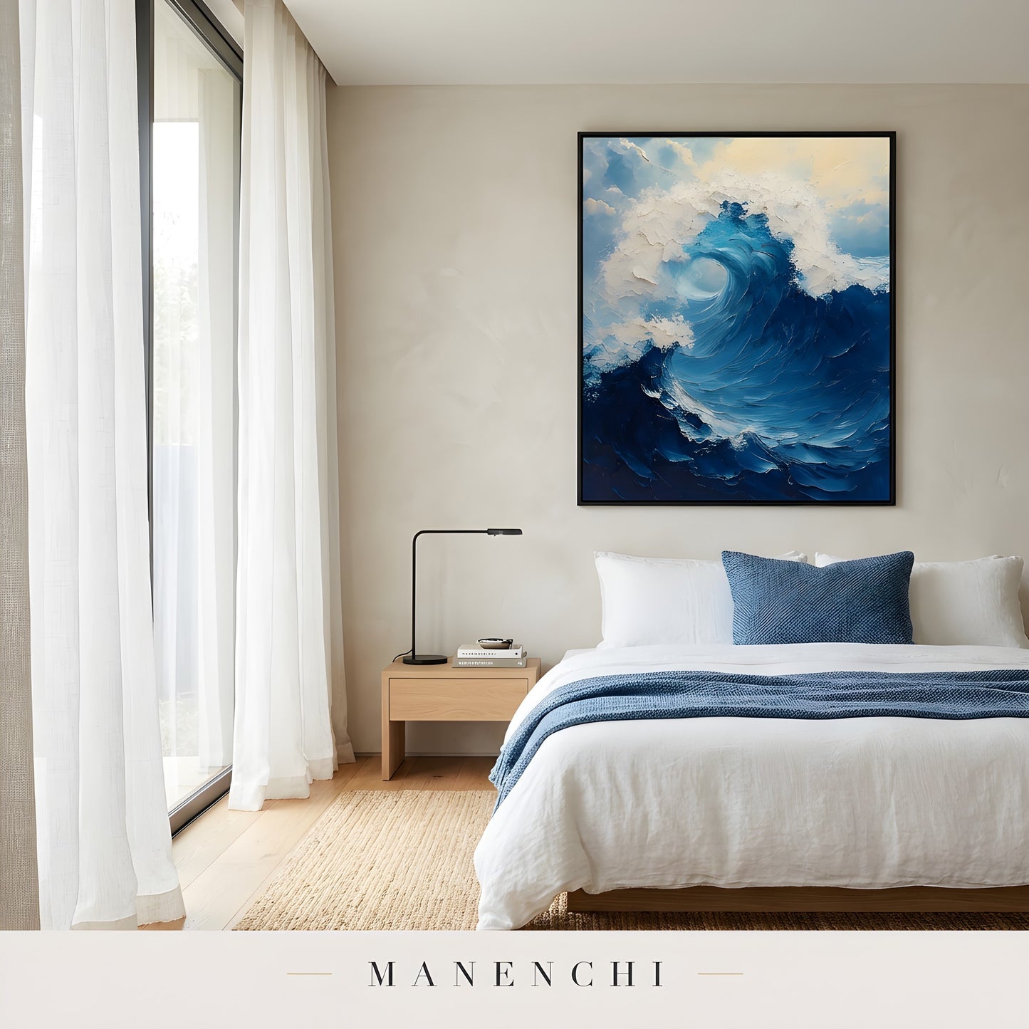 Marine Kinetic Turbulence abstract painting displayed in serene modern bedroom